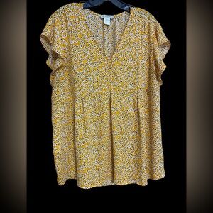 Cynthia Rowley 100% poly light flutter sleeve yellow gold white blk 1X top flor…